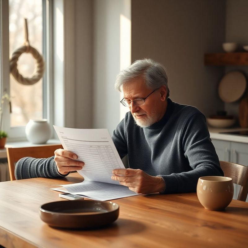 Retired couple reviewing a printed income schedule at a Montréal kitchen table