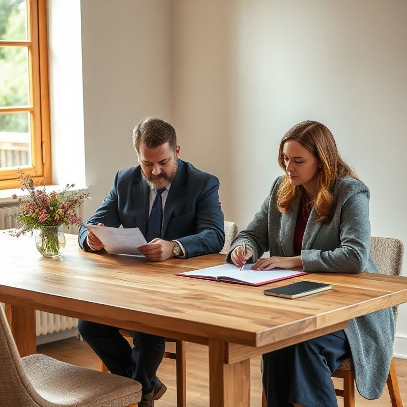 A notary and advisor reviewing documents at a timber desk in soft northern light