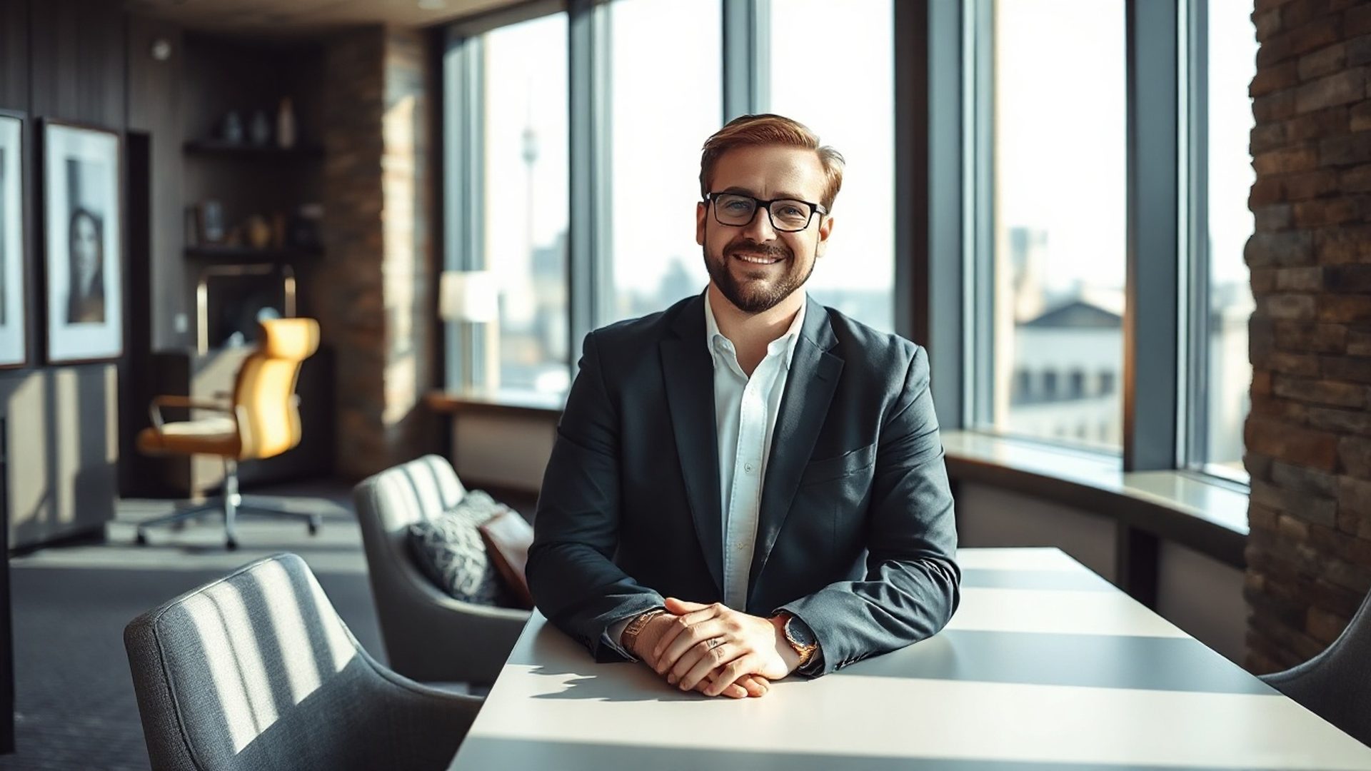 A Terravnova advisor in a charcoal-and-gold Montréal office with northern light