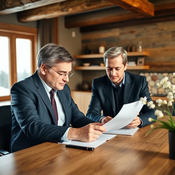 Two Terravnova advisors reviewing documents at a warm timber desk