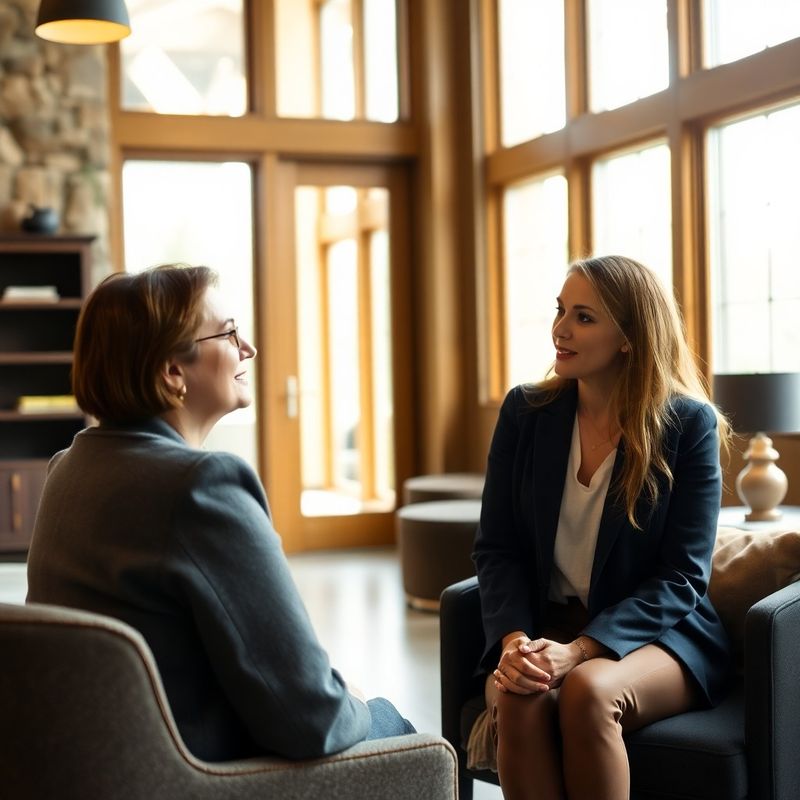 A client and Terravnova advisor in focused conversation in a warm office with northern light