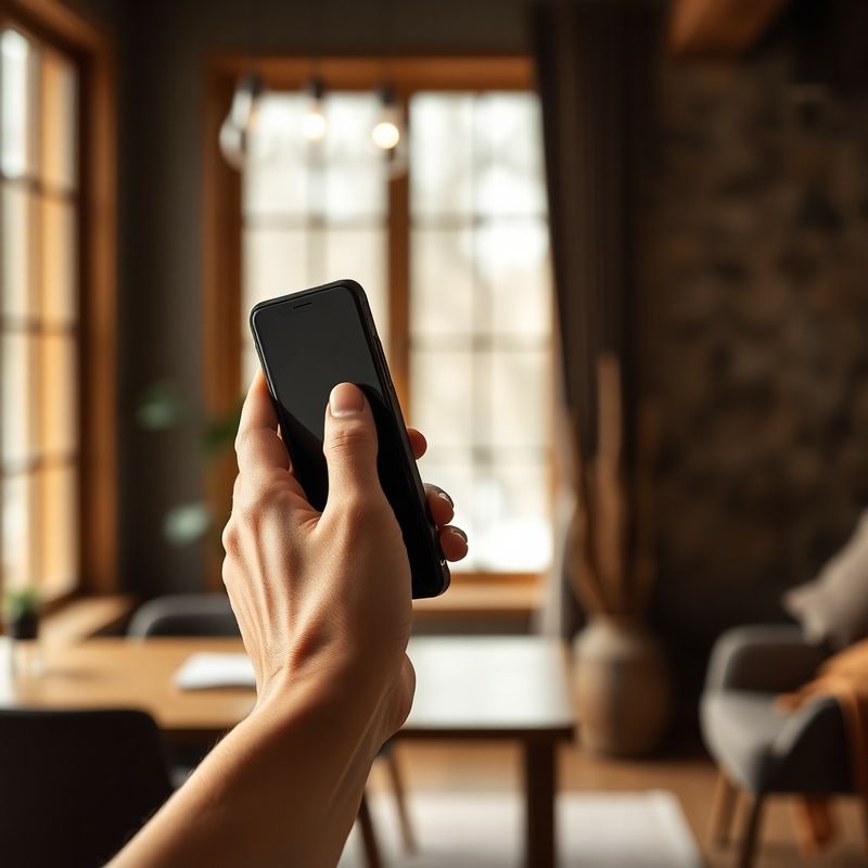 A hand holding a phone in a warm Terravnova office